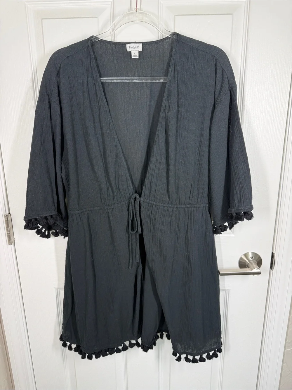 J Crew black cotton tassel tie front bathing suit swim coverup kimono size large